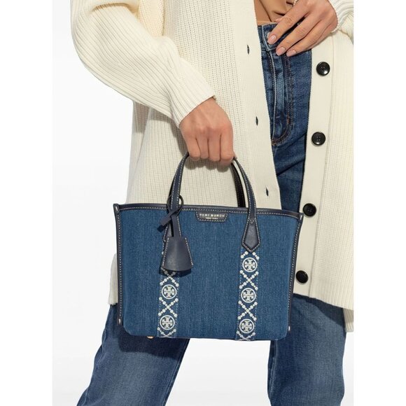 Tory Burch Perry Denim Triple-Compartment Small Tote Bag Denim Multi OS - Picture 1 of 15